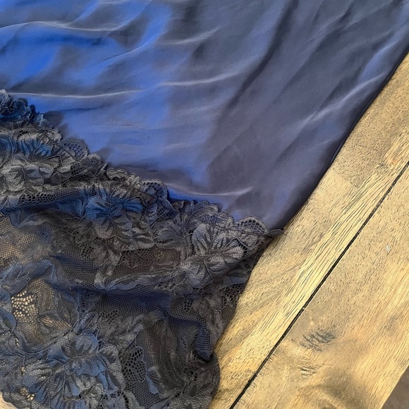 Free People Lace-Trim High-Low Satin Skirt in Navy - Picture 7 of 9